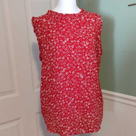 Loft large red Hearts Sleeveless Tank Shell Top ruffle Edges Neck L - Picture 1 of 10
